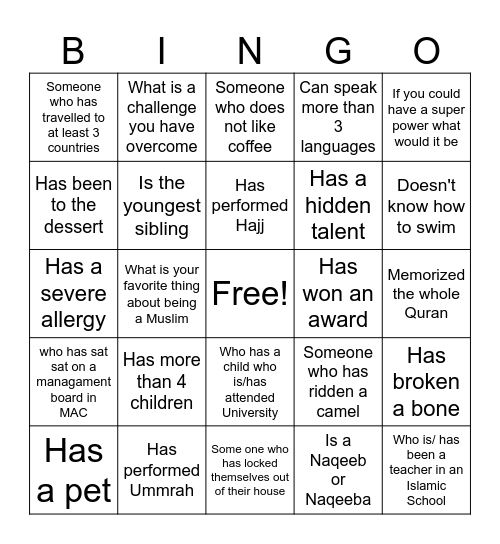 Icebreaker Bingo Card