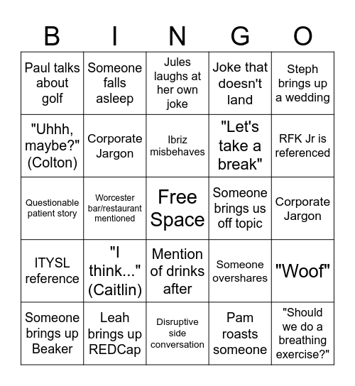 BORING THINGS DAY Team BINGO Card