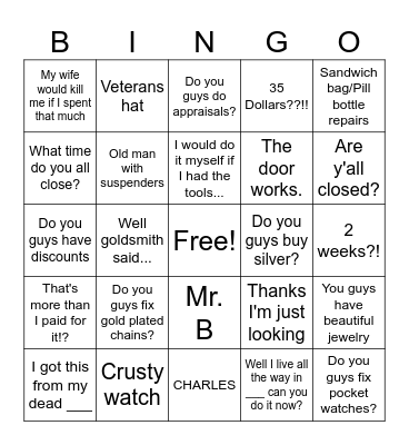 Jewelry Bingo Card