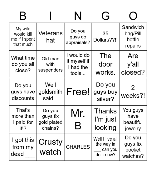 Jewelry Bingo Card