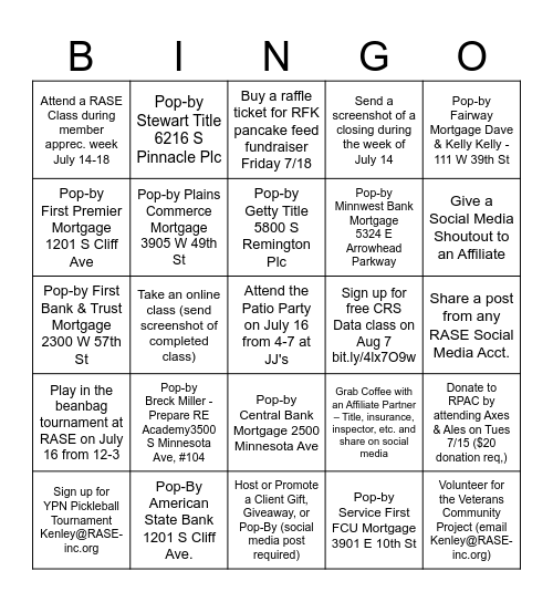 RASE Member Appreciation 2025 Bingo Card
