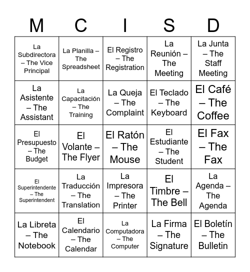 Mission CISD Bingo Card