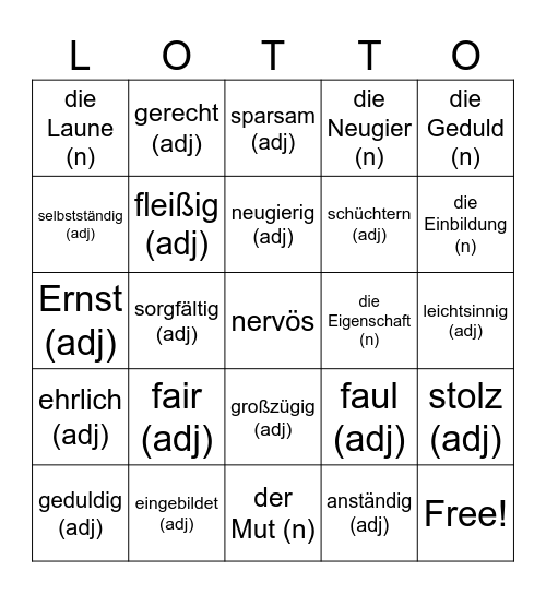 1.4 Character - Charakter Bingo Card