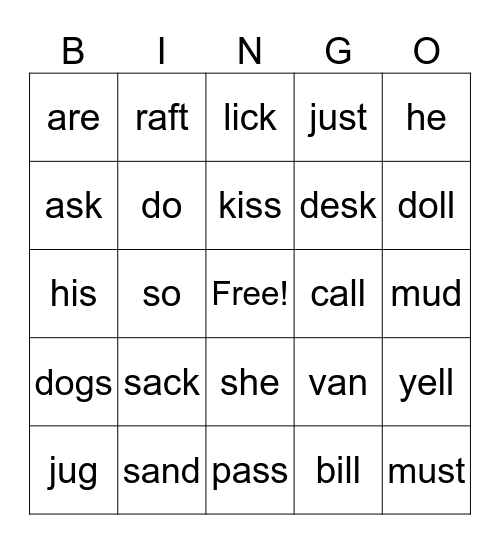 Sight Words Bingo Card