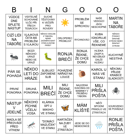 TÁBOROVÉ Bingo Card
