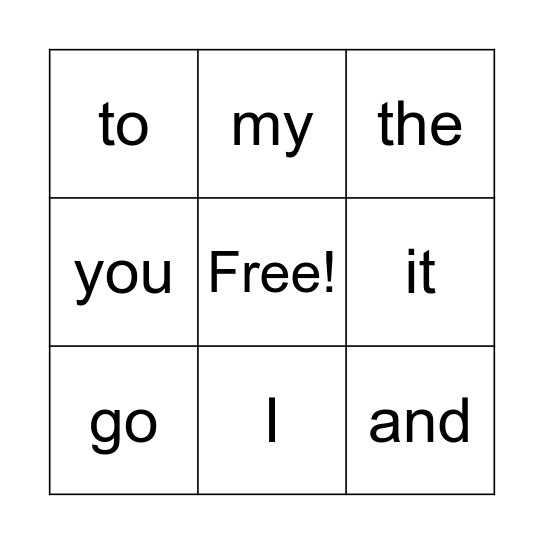 Sight Words Bingo Card