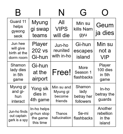 Squid game season 3 Bingo Card