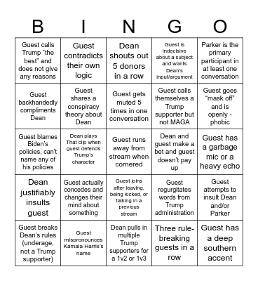 Dean Withers Live Bingo Card