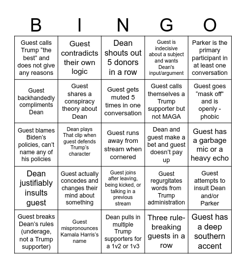 Dean Withers Live Bingo Card