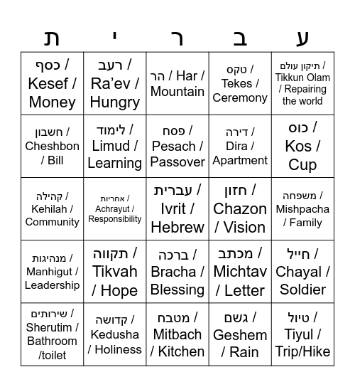 Hebrew Bingo Card