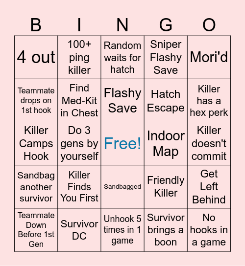 DBD Survivor Bingo Card