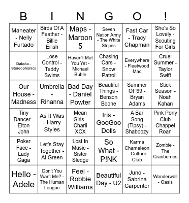 Musical Bingo Card