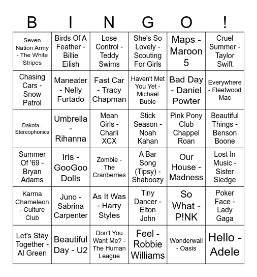 Musical Bingo Card