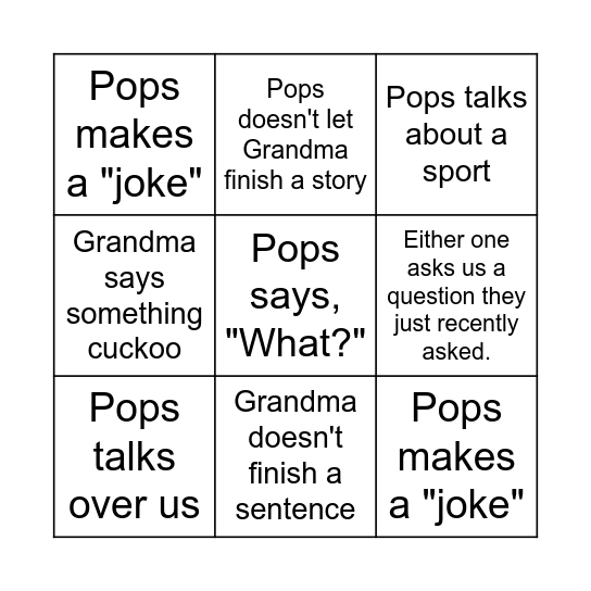 Grandma & Pops Phone Call Bingo Card