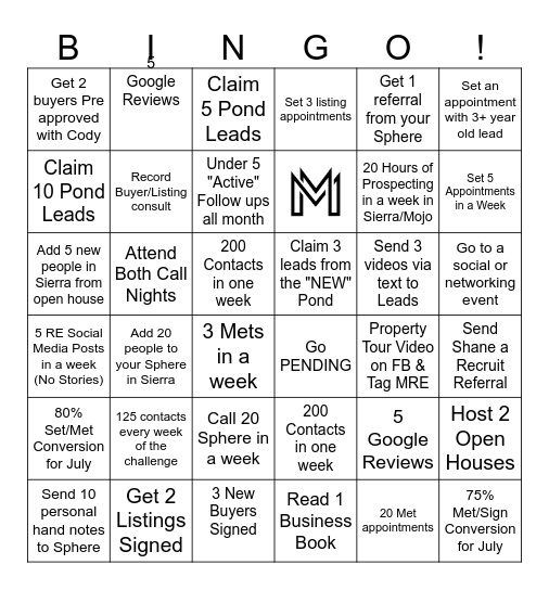 MRE Great Sales Challenge Bingo Card