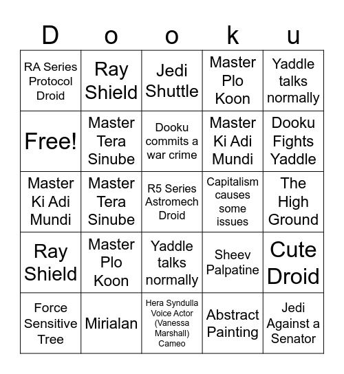 Tales of the Jedi - Dooku Bingo Card