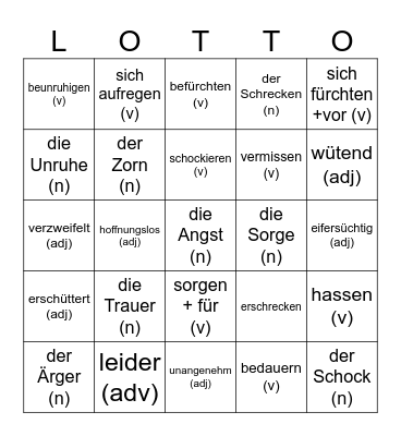 1.6 Negative Emotions - Negative Gefühle Bingo Card