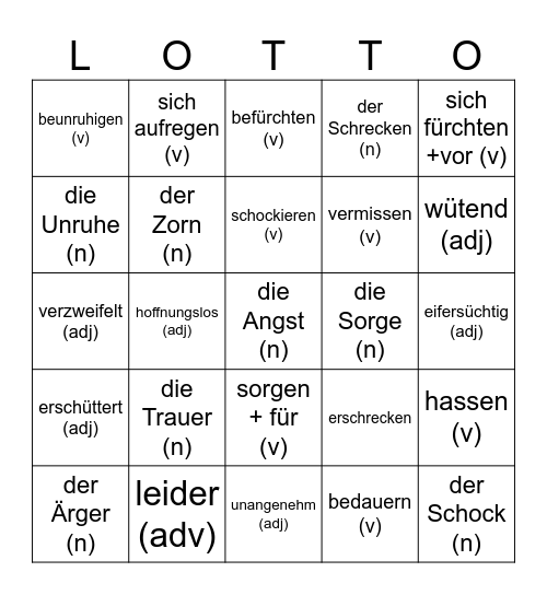1.6 Negative Emotions - Negative Gefühle Bingo Card