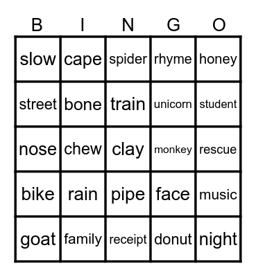 Long Vowel Words Bingo Card