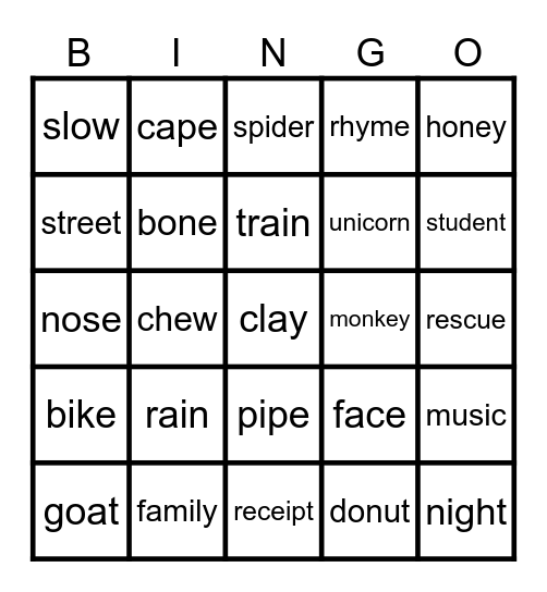 Long Vowel Words Bingo Card