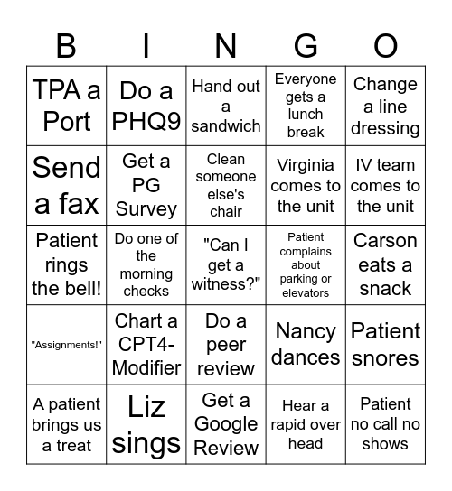 Infusion Canter Bingo Card