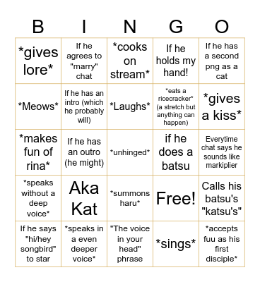 Things kat will say/do/has/accepts Bingo Card