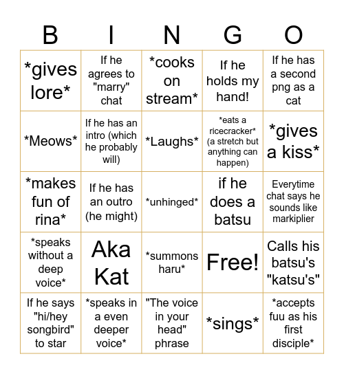 Things kat will say/do/has/accepts Bingo Card