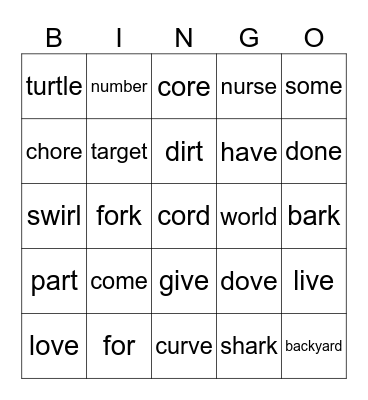 VCE Exceptions and R Controlled Words Bingo Card