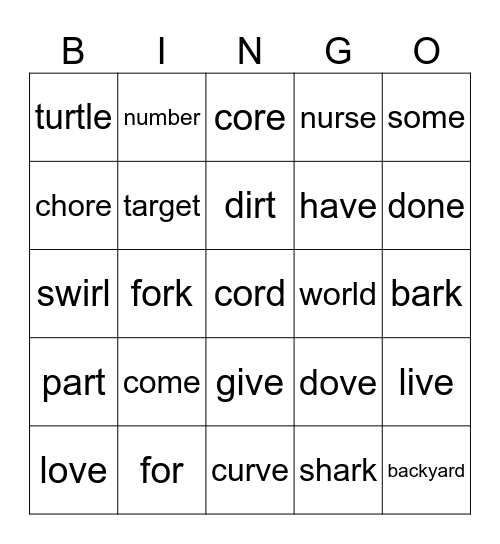 VCE Exceptions and R Controlled Words Bingo Card