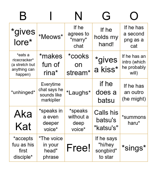 Things kat will say/do/has/accepts Bingo Card