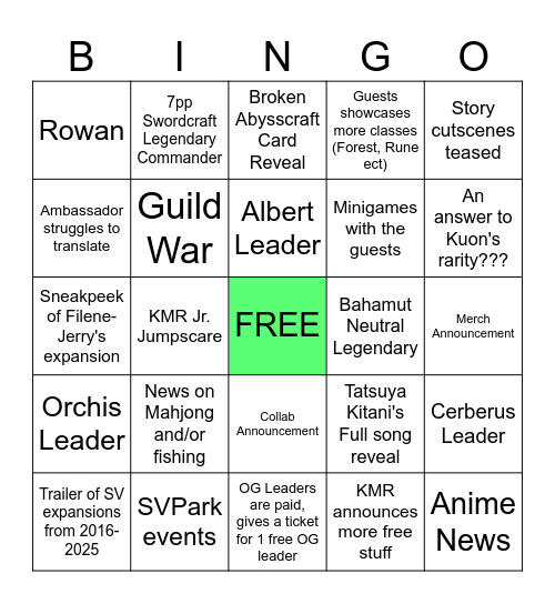 SVWB Stream Bingo Card