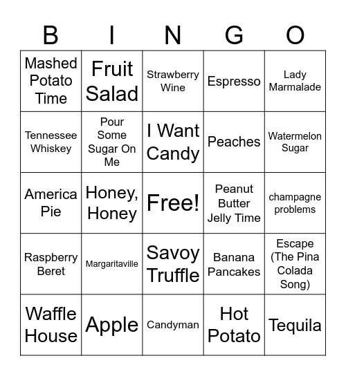 Food/Drink Bingo Card