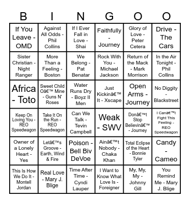 80s/90s Classics Music Bingo Card