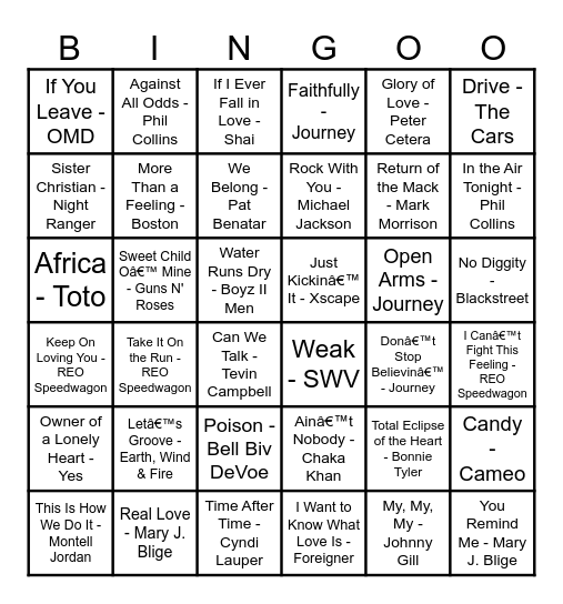 80s/90s Classics Music Bingo Card