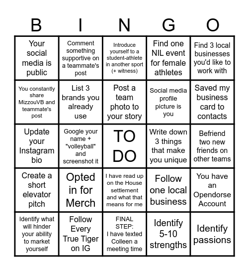 Volleyball To Do List Bingo Card