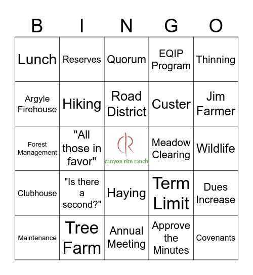 2025 Canyon Rim Ranch Bingo Card