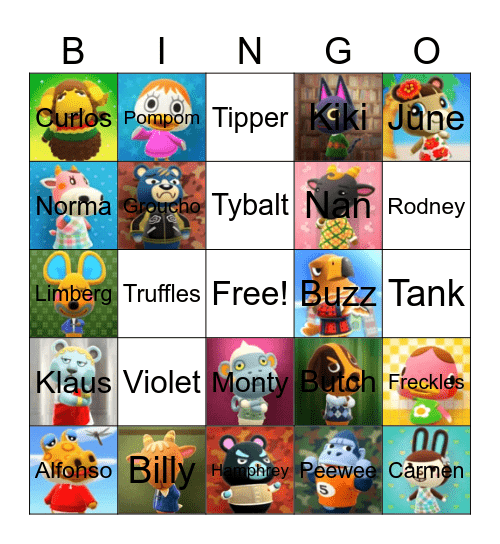 Animal Crossing Villager Hunting Bingo Card