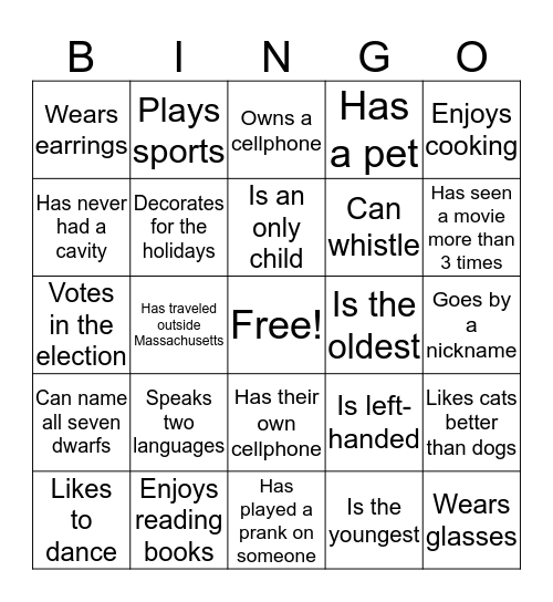 Getting to know Others Bingo Card