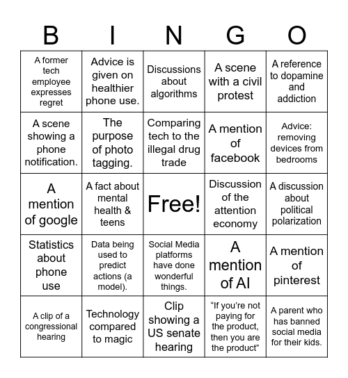 The Social Dilemma Bingo Card