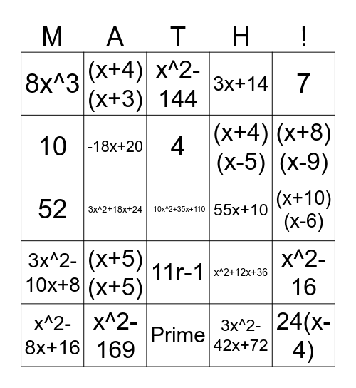 Preparing for MATH 1111 Bingo Card