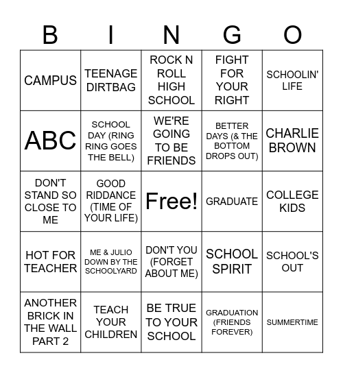 Songs About School Bingo Card