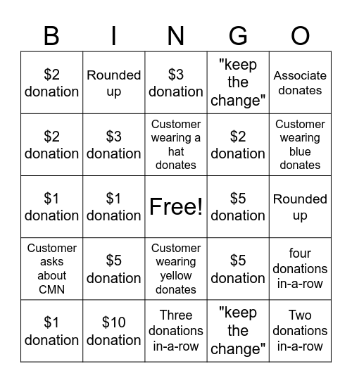 Children's Miracle Network Bingo Card