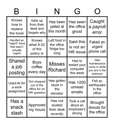 HR Office Bingo Card