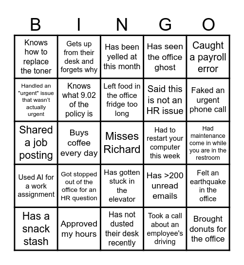 HR Office Bingo Card