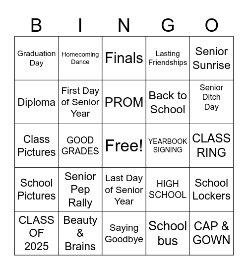 Graduation 2025 Bingo Card