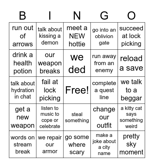 Oblivion Bingo Card