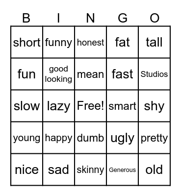 Adjectives Bingo Card