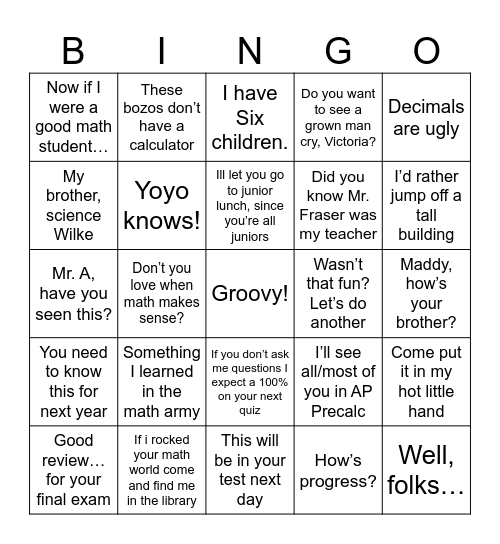 Pre-Calculus 11 2025 Bingo Card