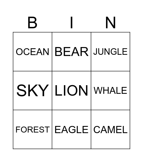 animal bingo Card