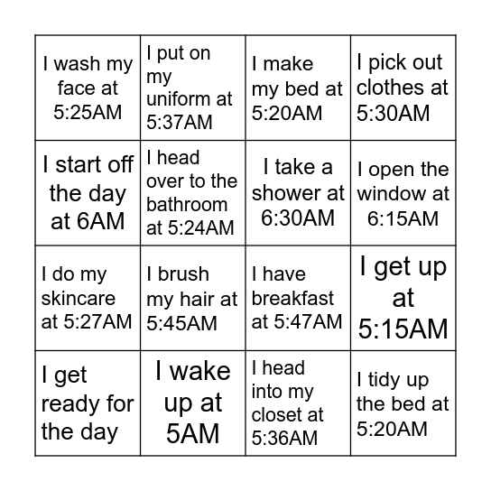 What is your morning routine? Bingo Card